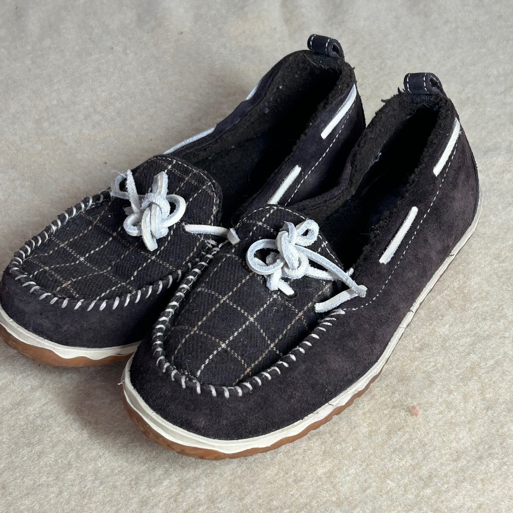 L.L. Bean Moccasin Slipper Womens 9 Brown Suede Plaid Fleece Lined Cabin Core